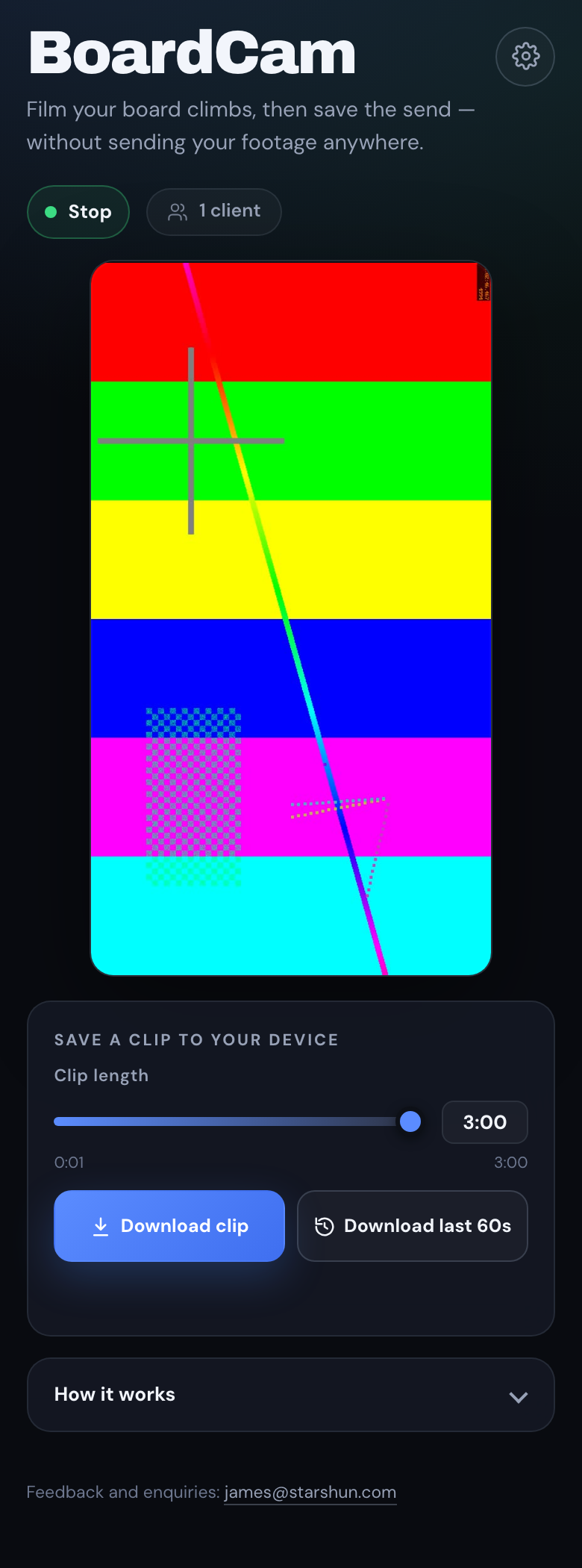 BoardCam running on a phone with the Start button, live preview and clip download controls